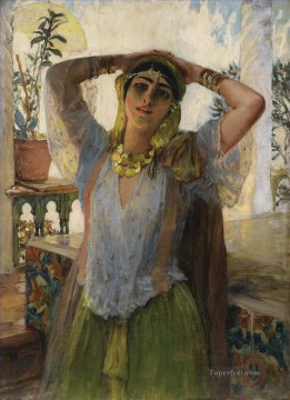 YOUNG ORIENTAL WOMAN ON A TERRACE Frederick Arthur Bridgman Arab Oil Paintings